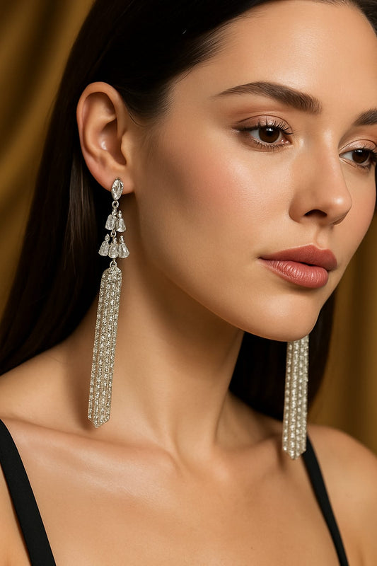 Silver Crystal Waterfall Long Dangler Earrings for Women | Premium Statement Party Wear | Velvet Petals