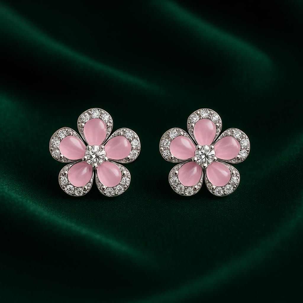 Velvet Petals American Diamond Light Pink Enamel Diamond-Cut Floral Stud Earrings for Women | Premium Silver Bloom Design | Daily & Party Wear Jewelry