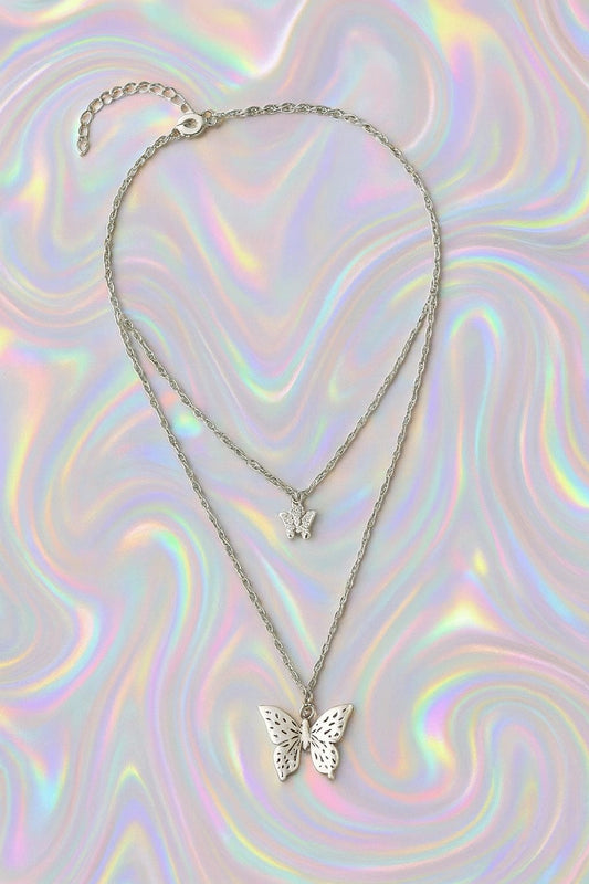 Silver Butterfly Layered Necklace for Women | Trendy Dual Chain Pendant Jewelry