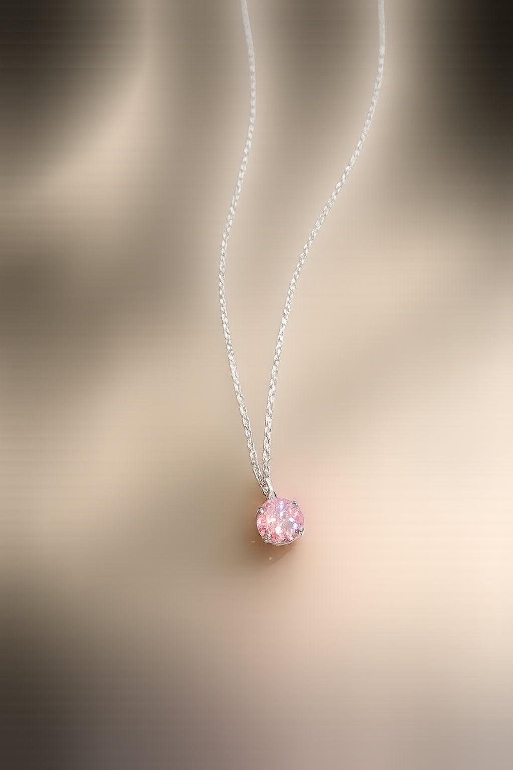 Silver-Toned Pink CZ Solitaire Pendant Necklace