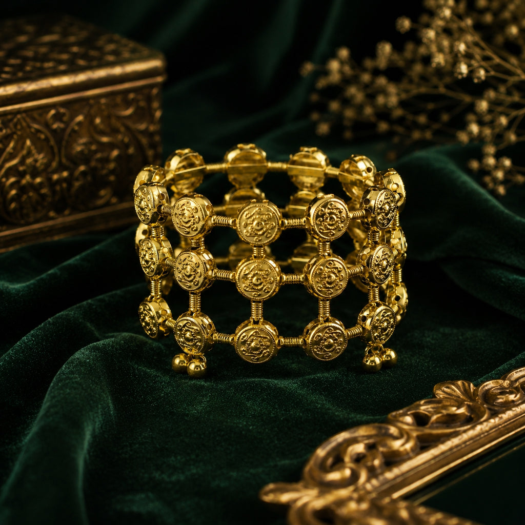 Gold coin lattice bangle on dark marble tray with gold accents