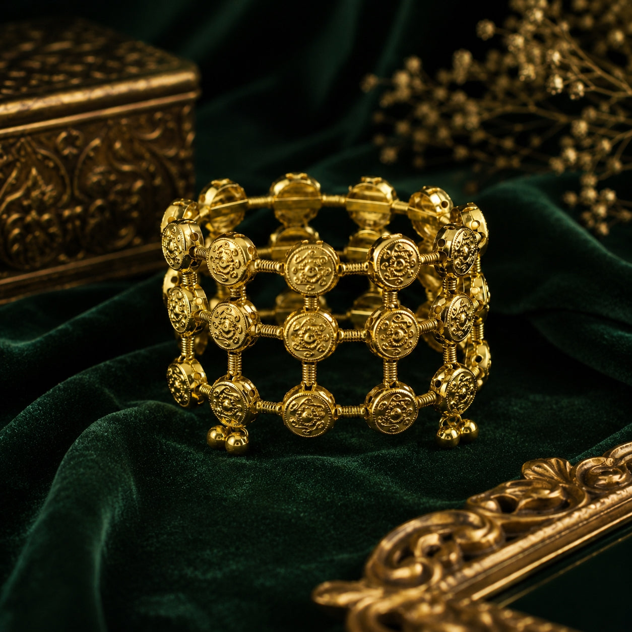 Gold coin lattice bangle on dark marble tray with gold accents