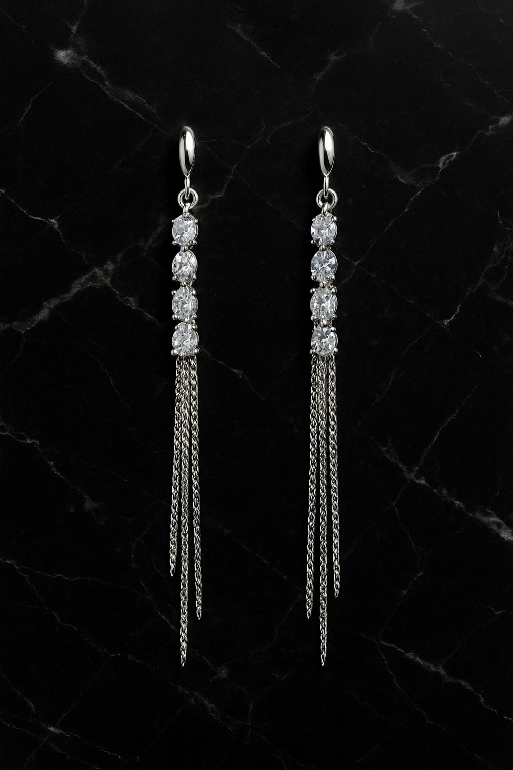Silver Crystal Long Drop Earrings for Women | Premium Statement Danglers | Velvet Petals