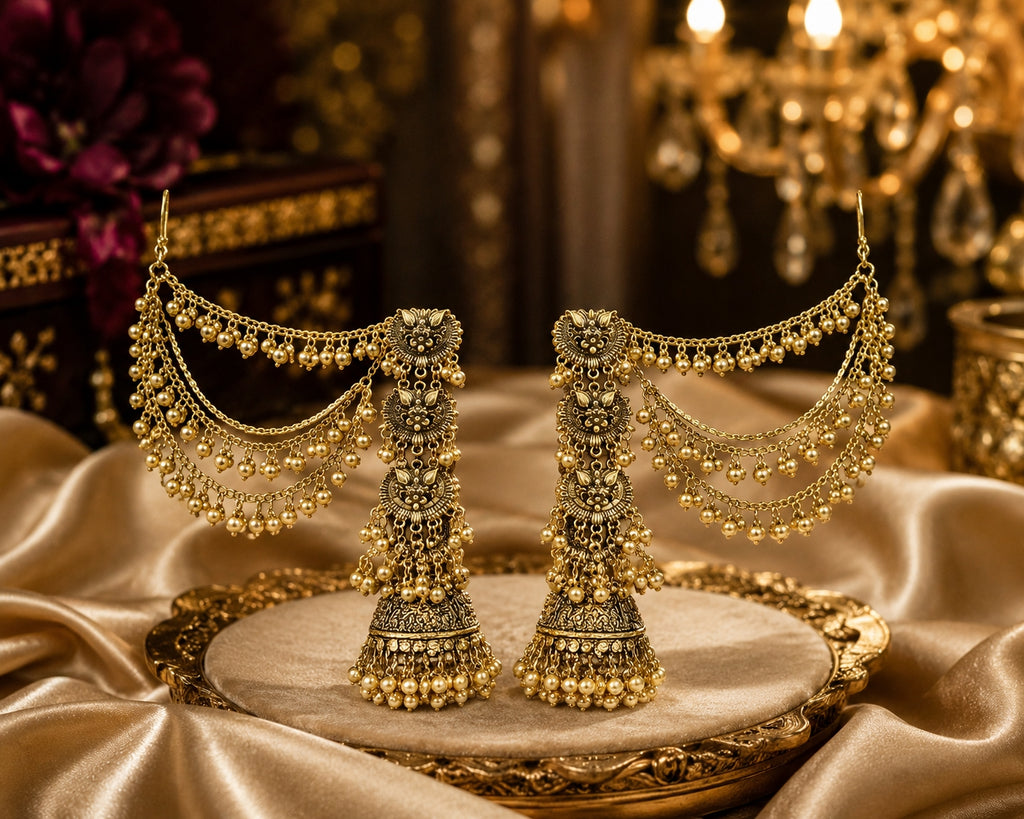 Antique gold bugadi chain jhumka earrings product shot