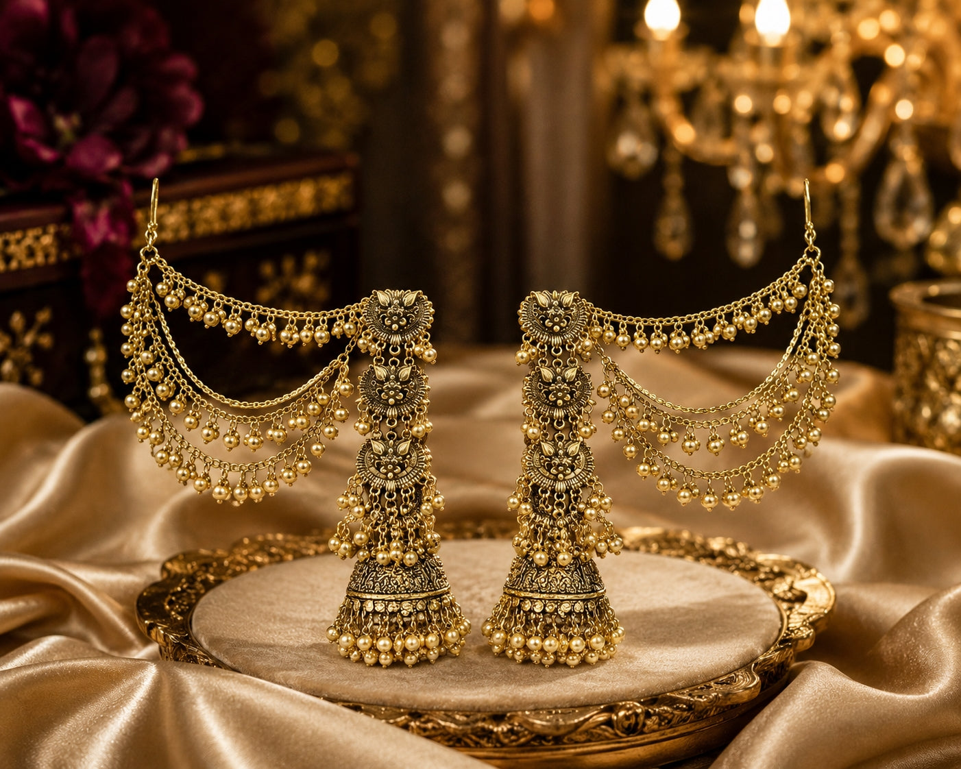 Antique gold bugadi chain jhumka earrings product shot