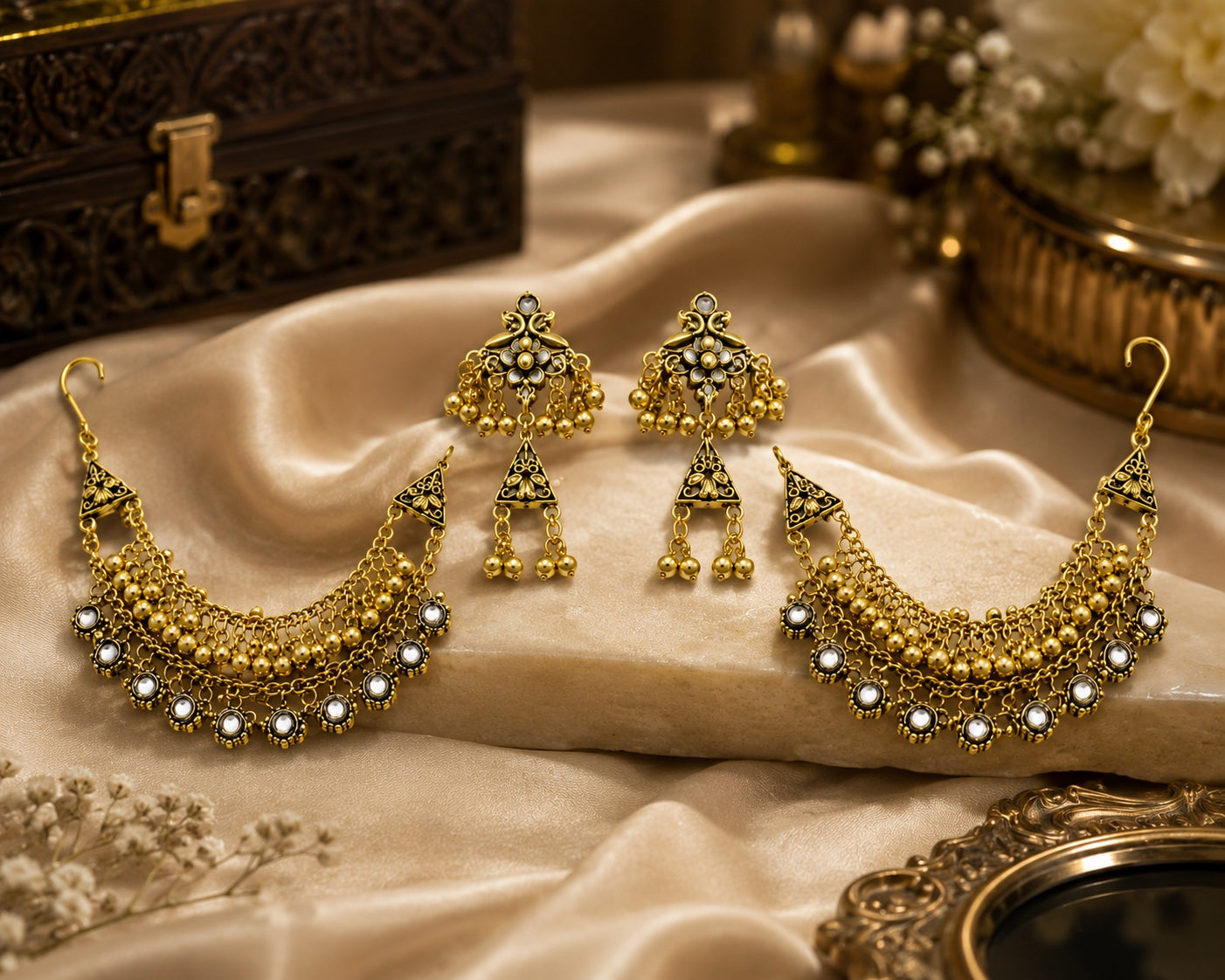 Antique Gold Bugadi Jhumka Earrings on cream fabric
