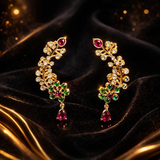 Floral Bugadi Ear Cuff Earrings for Women | Ruby Green Bridal Earcuff Jewelry