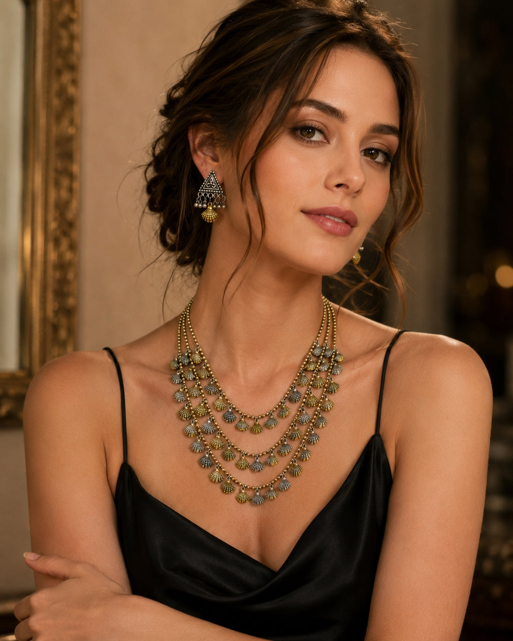 Traditional Indian brass layered necklace worn with saree