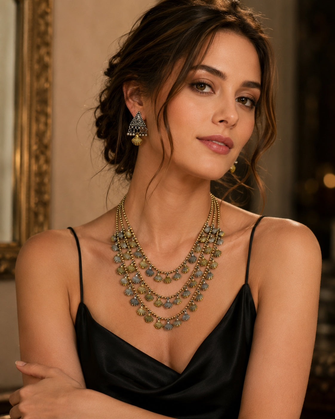 Traditional Indian brass layered necklace worn with saree