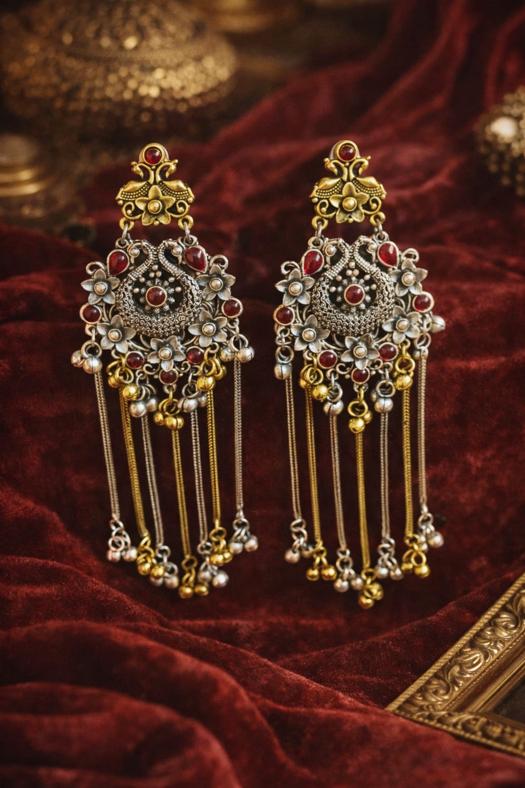 Heritage Kashmiri Long Tassel Earrings – Antique Gold & Silver Ethnic Dangler