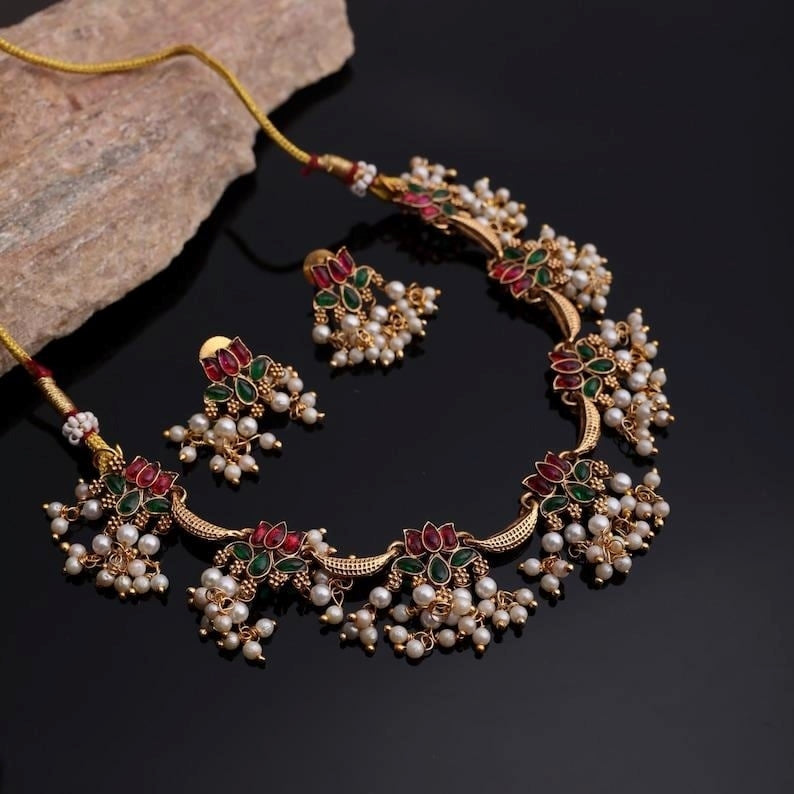 Royal Pearl & Stone Necklace Set with Earrings
