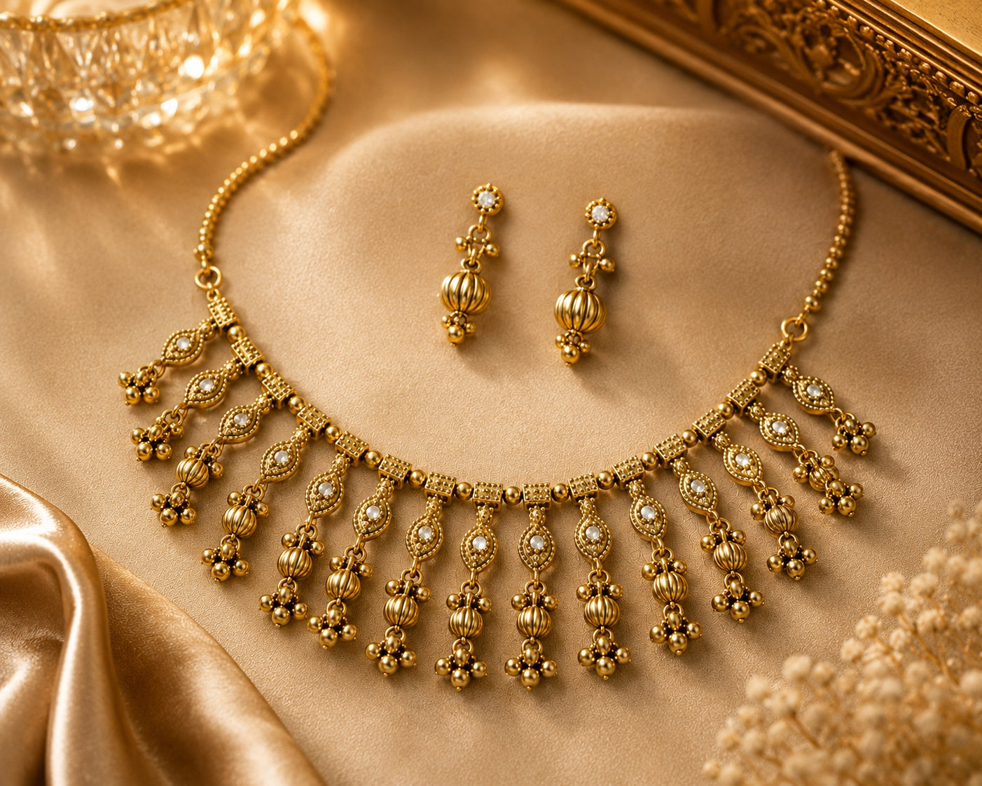 Antique gold necklace set with earrings on white surface