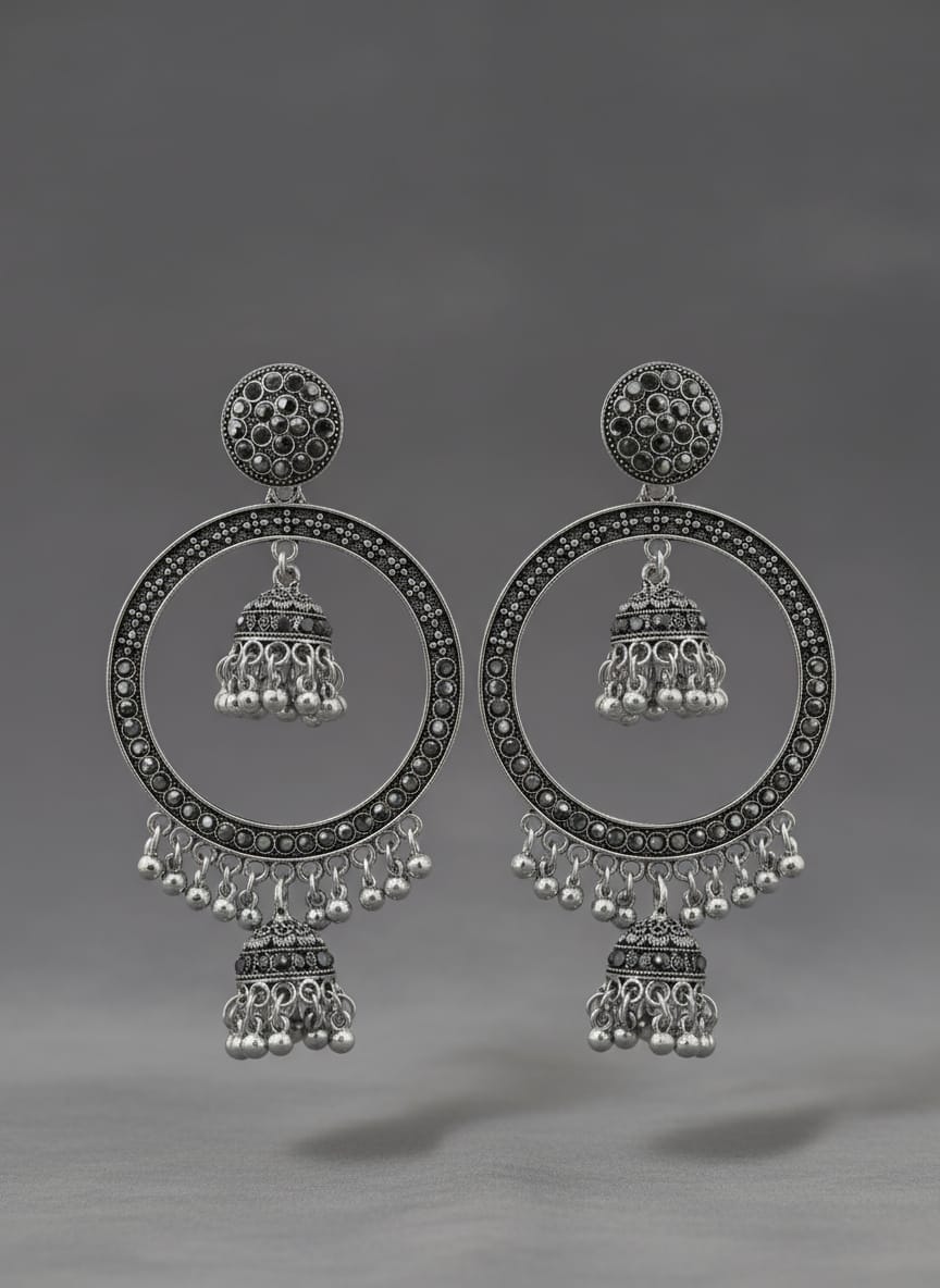 Royal Oxidized Double Jhumka Hoop Earrings – Traditional Ethnic Statement Jewelry for Women