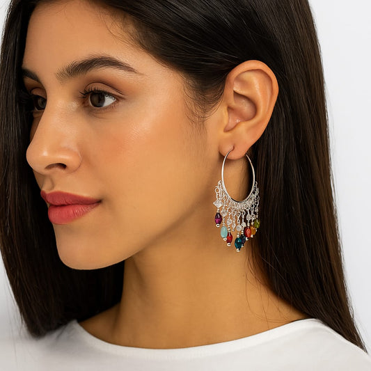 Boho Multicolor Oxidized Hoop Earrings for Women & Girls