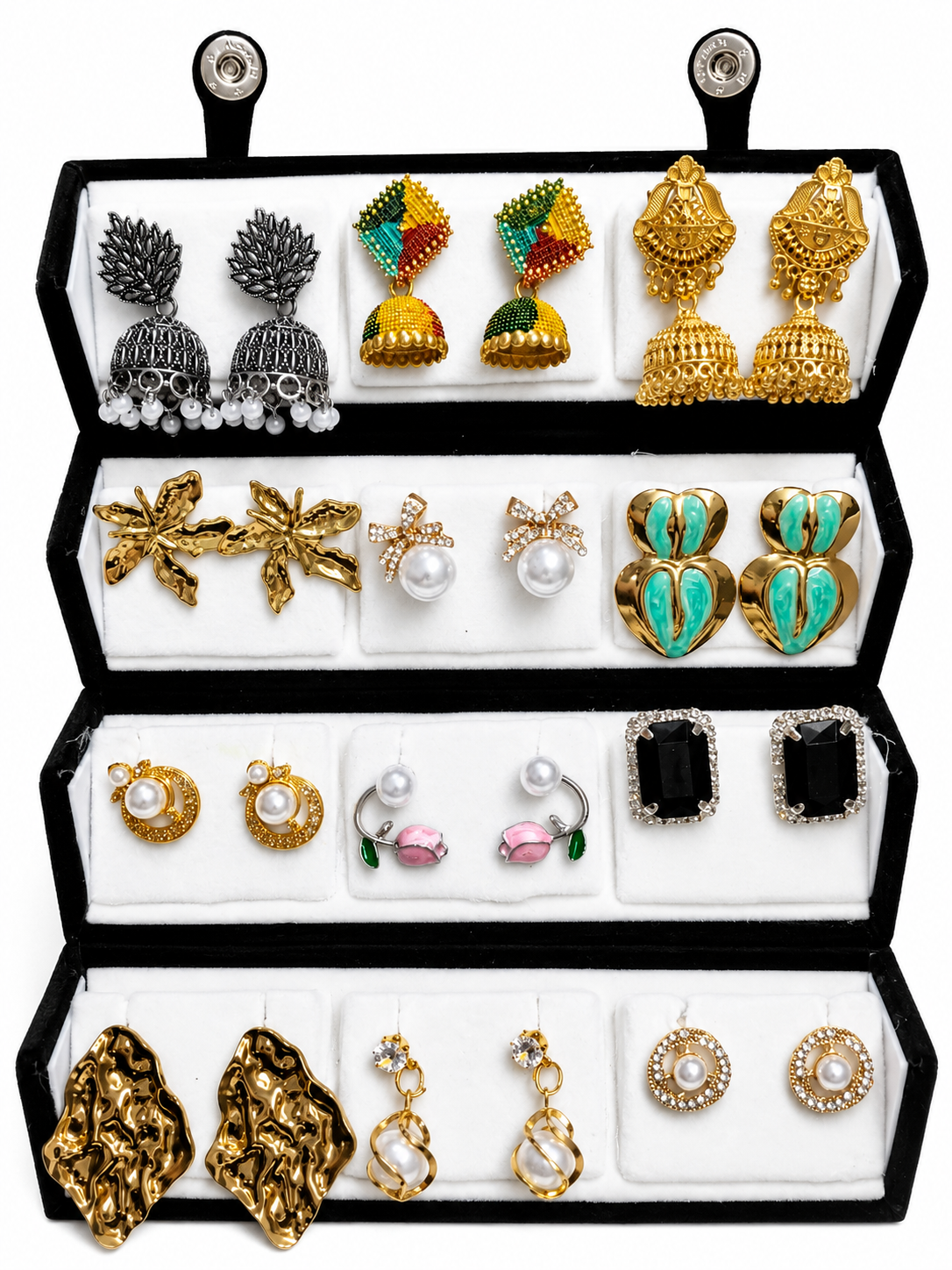 Trendy earrings combo pack with stud drop and jhumka earrings flat lay