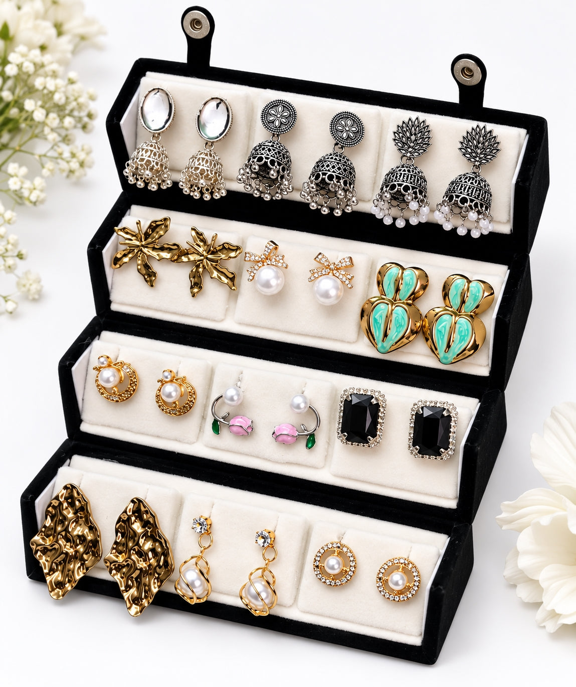 Velvet Petals 12 pair earrings set - luxury jewellery box