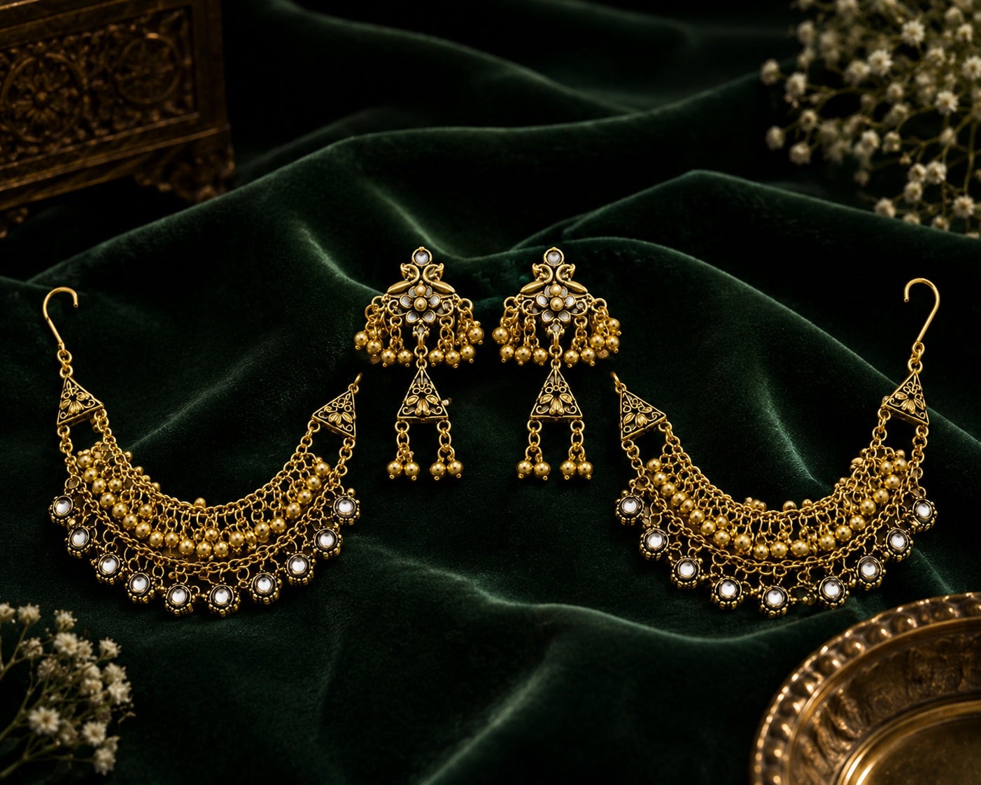 Antique Gold Bugadi Jhumka Earrings on dark velvet