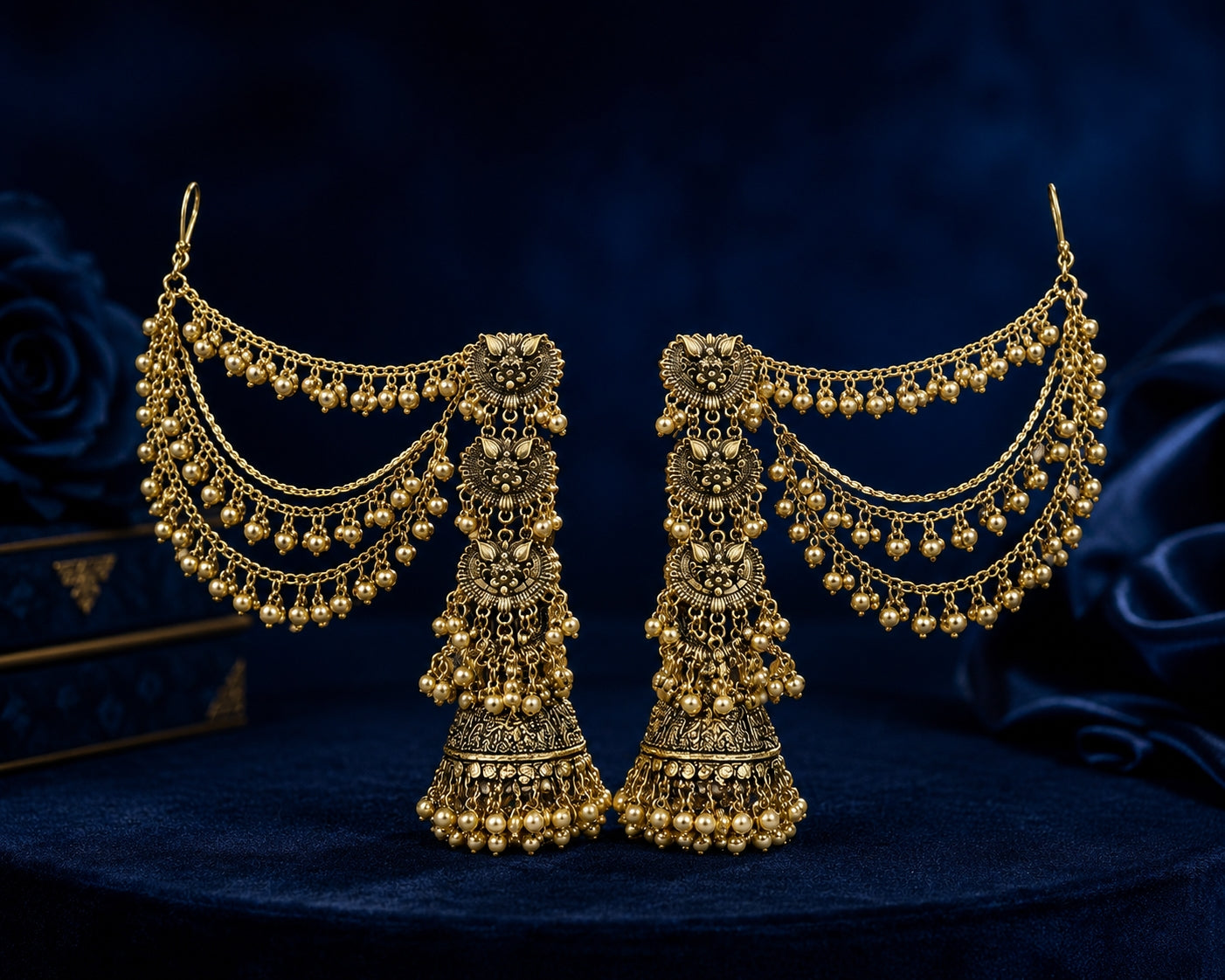 Antique gold bugadi chain jhumka earrings worn by model
