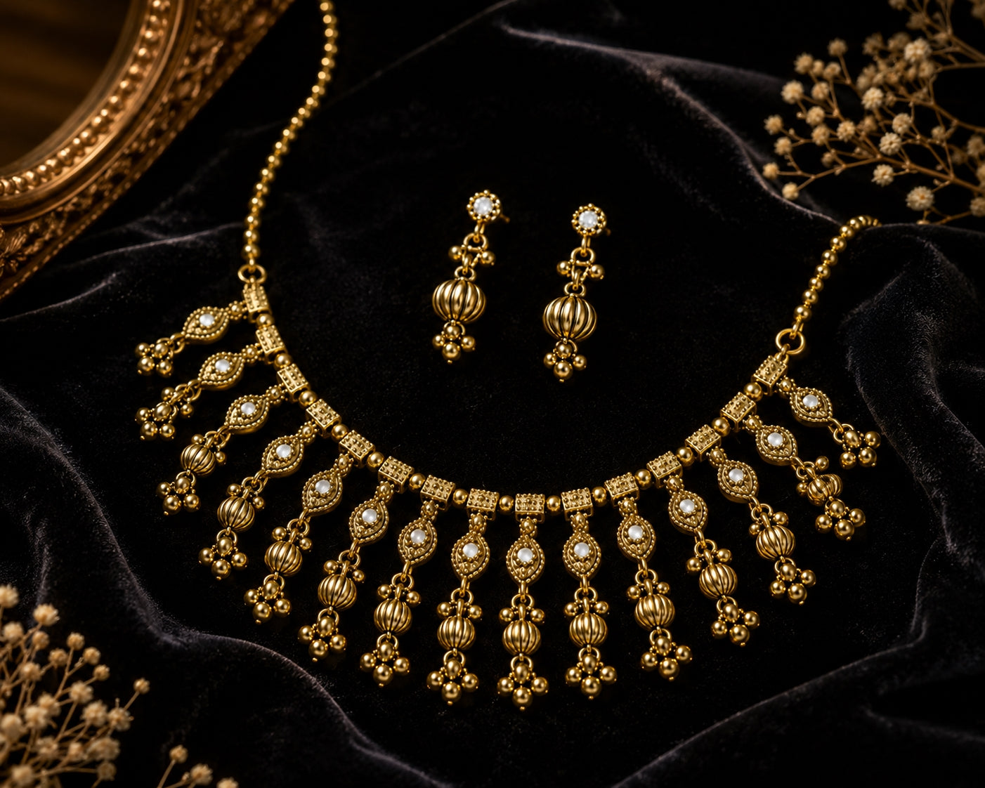 Antique gold choker necklace set with jhumki earrings on black velvet