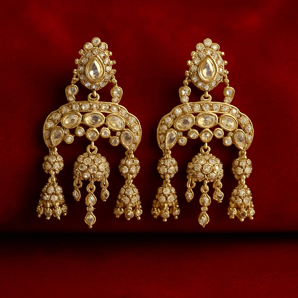 Velvet Petals Gold Plated Kundan Chandbali Earrings for Women | Heavy Ethnic Bridal Jhumka Earrings