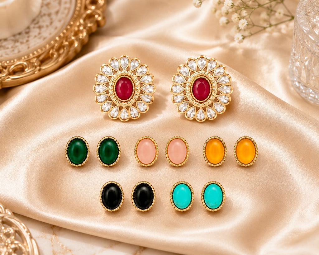 Kundan floral stud earrings on gold satin - Velvet Petals