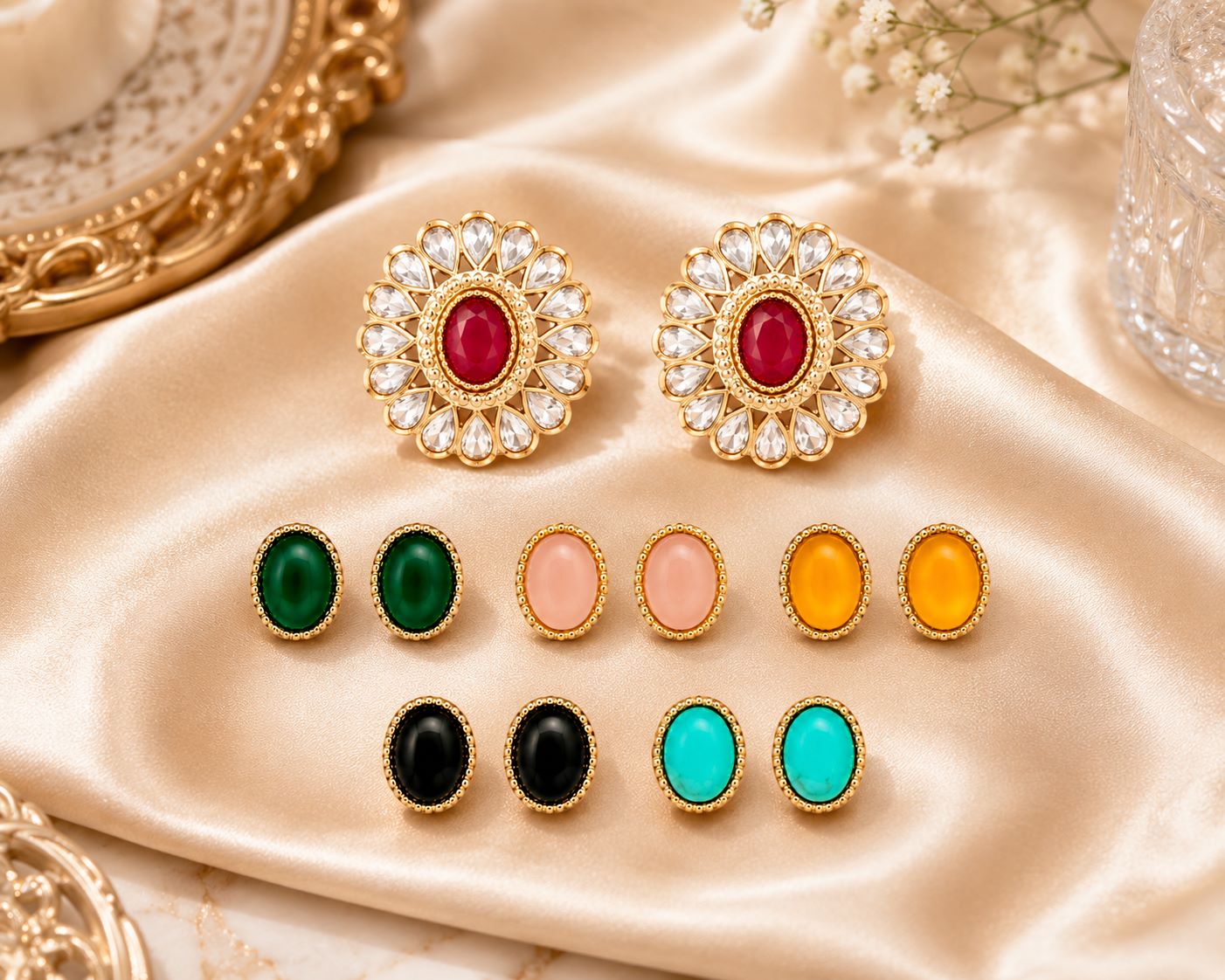 Kundan floral stud earrings on gold satin - Velvet Petals