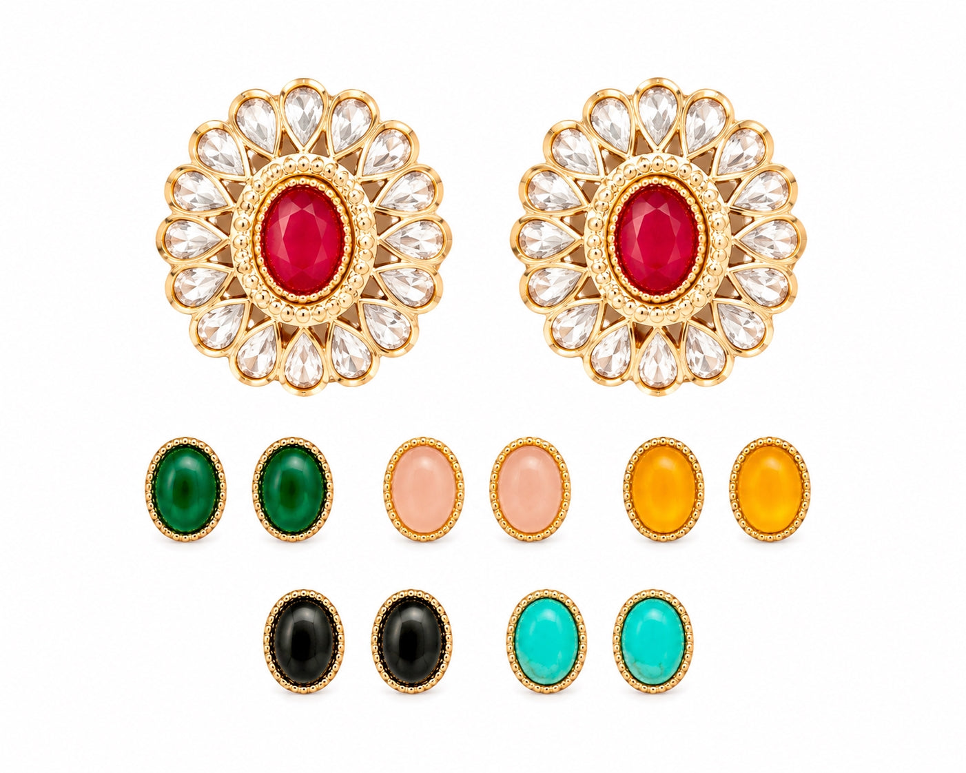 Kundan floral stud earrings on white background - Velvet Petals