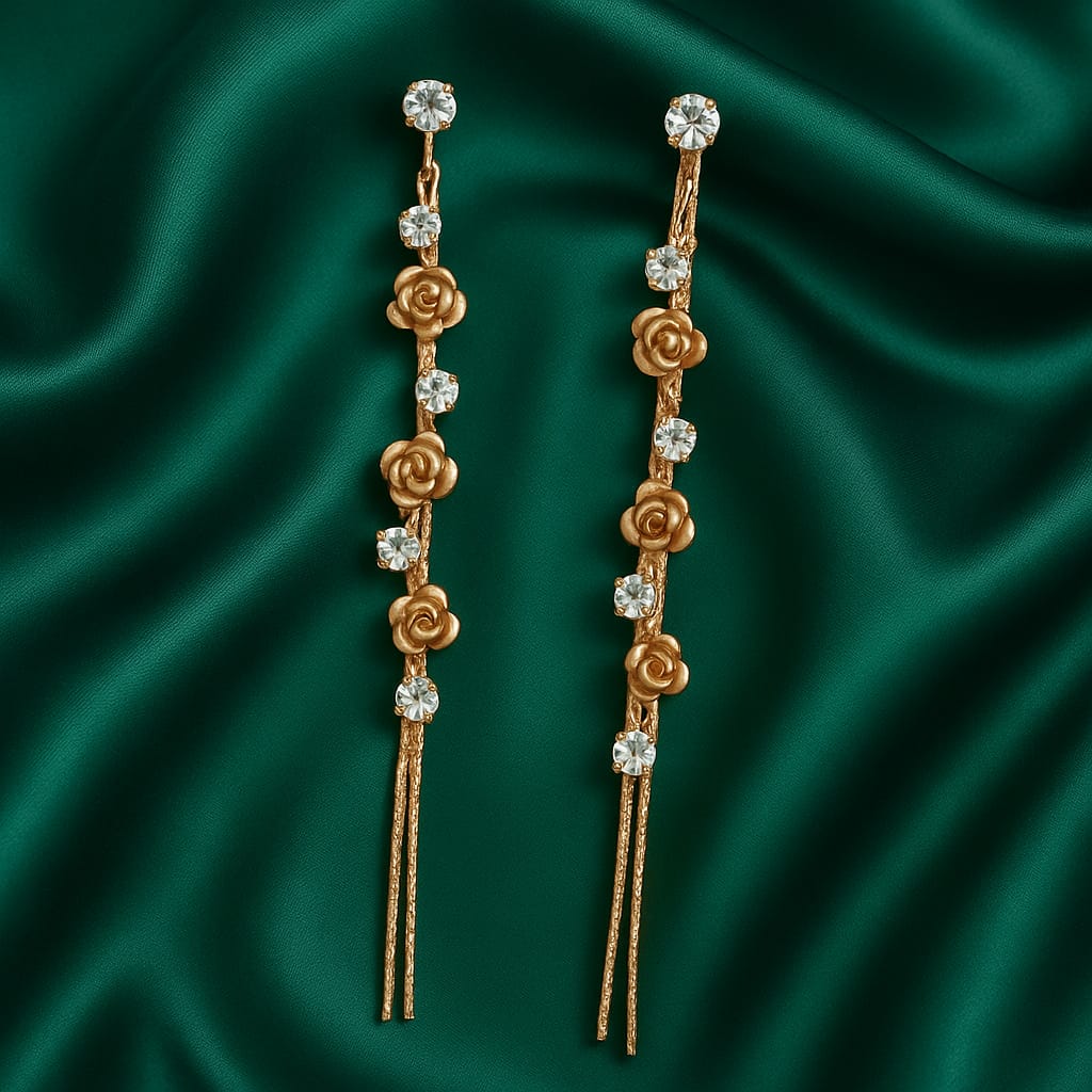 Gold Long Drop Earrings for Women with Pearl Accents | Designer Statement Earrings | Velvet Petals
