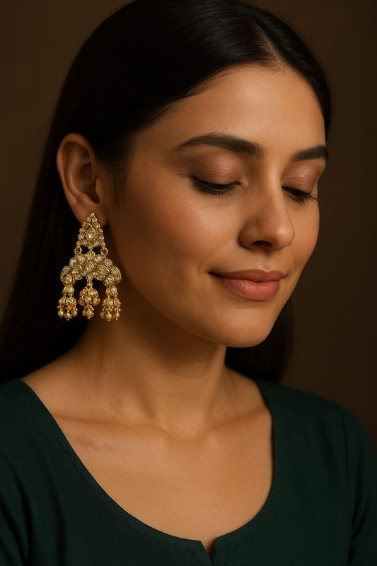 Velvet Petals Gold Plated Kundan Chandbali Earrings for Women | Heavy Ethnic Bridal Jhumka Earrings