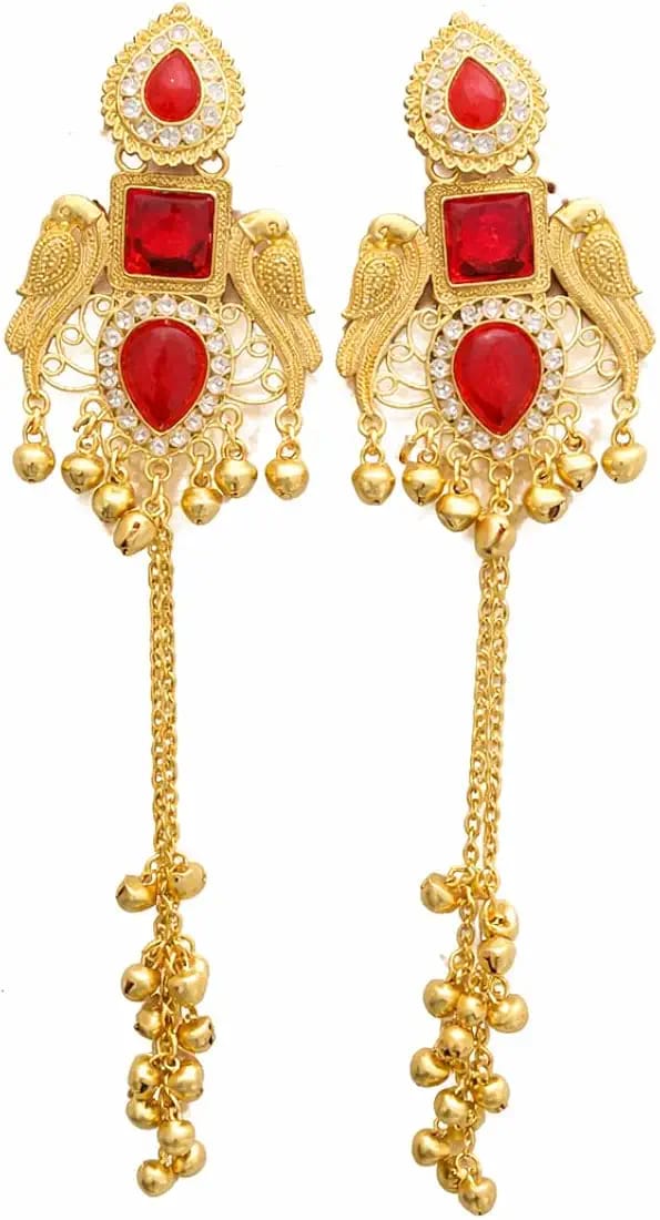 Kashmiri gold plated jhumka earrings with red stone on white background