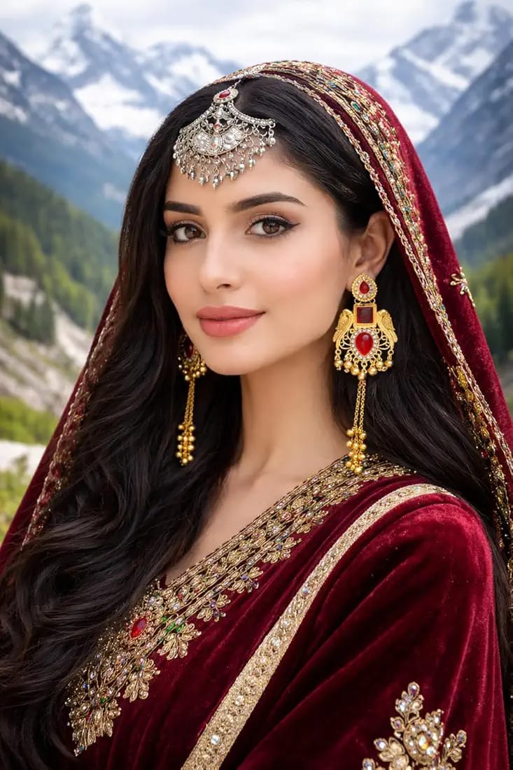 Woman wearing Kashmiri gold jhumka earrings with red stone and bridal outfit