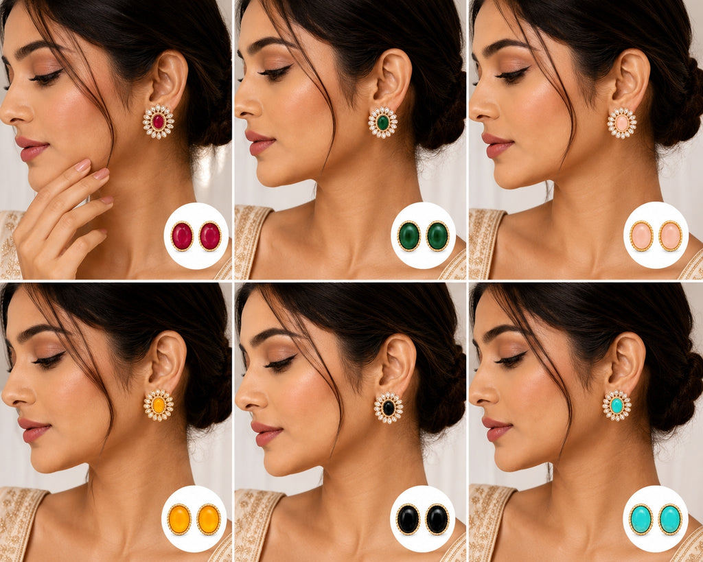 Kundan floral stud earrings on dark red background - Velvet Petals