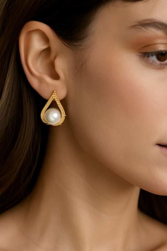 Luxury Gold-Plated Pearl Drop Earrings for Women | Teardrop Diamond CZ Studded Pearl Earrings | Premium Bridal & Party Wear Jewelry