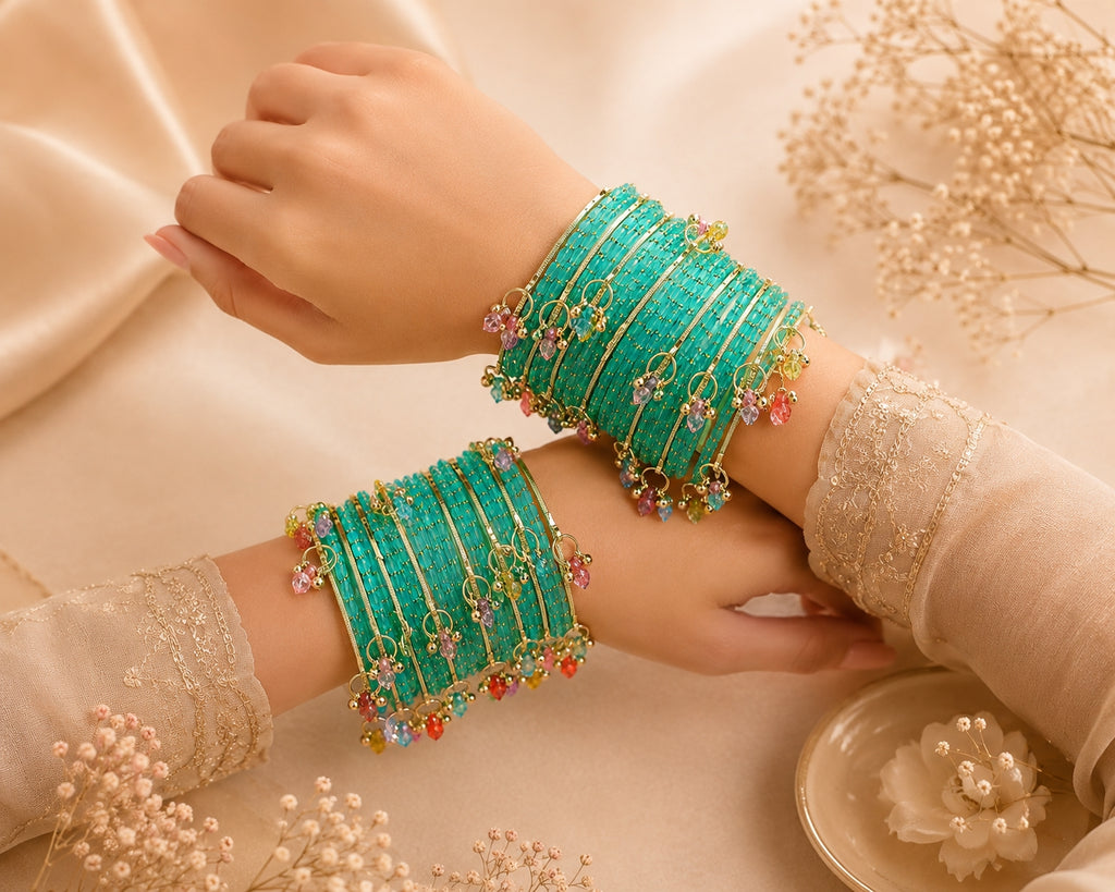 Black Kashmiri Bangle Set with Crystal Charms