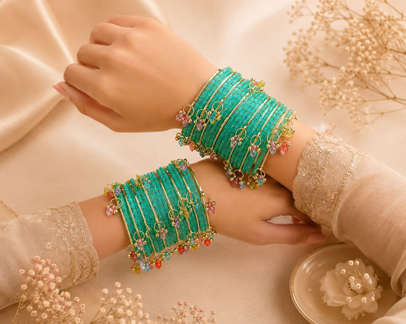 Black Kashmiri Bangle Set with Crystal Charms