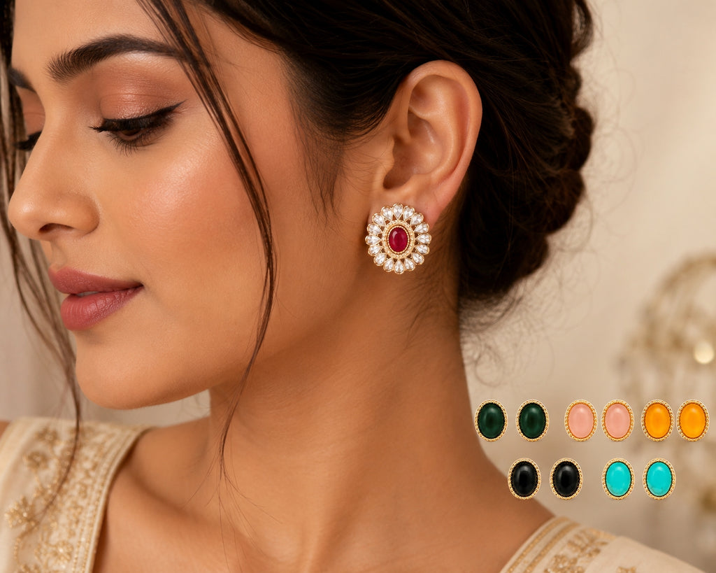 Kundan floral stud earrings worn by model - Velvet Petals