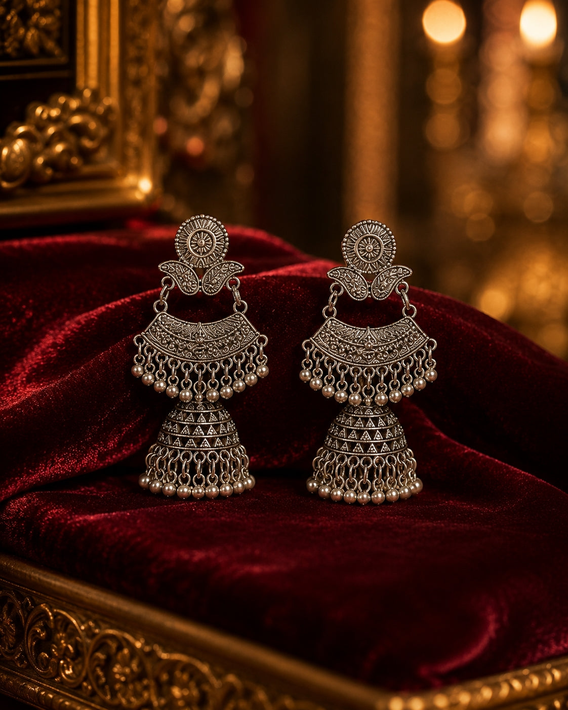 Oxidised silver double decker jhumka earrings on red velvet in golden tray