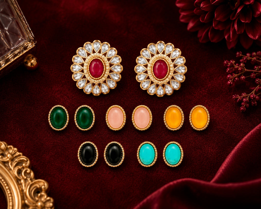 Kundan floral stud earrings multicolour variants - Velvet Petals