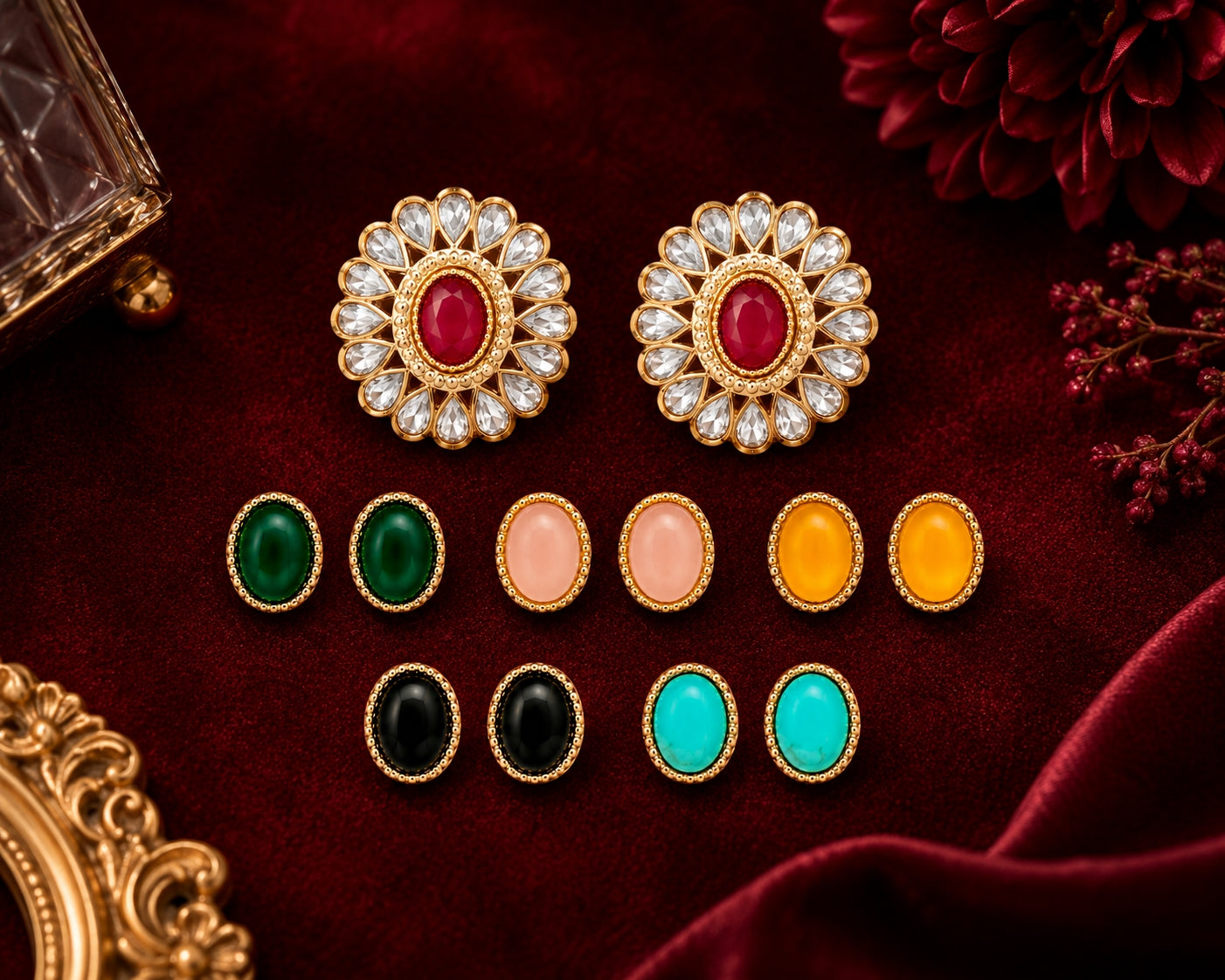Kundan floral stud earrings multicolour variants - Velvet Petals