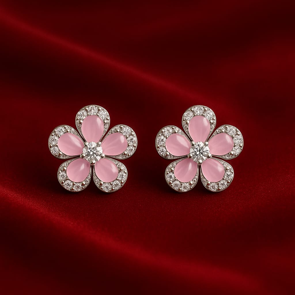 Velvet Petals American Diamond Light Pink Enamel Diamond-Cut Floral Stud Earrings for Women | Premium Silver Bloom Design | Daily & Party Wear Jewelry