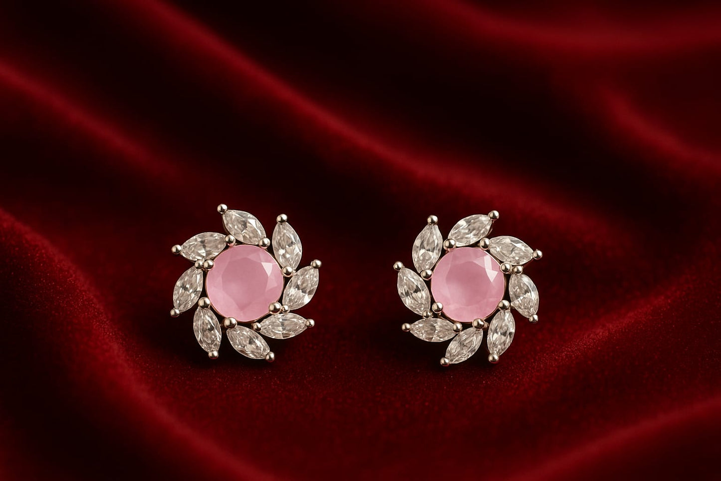Blush Pink Stone Flower Stud Earrings for Women | Premium CZ Diamond Petal Design | Velvet Petals