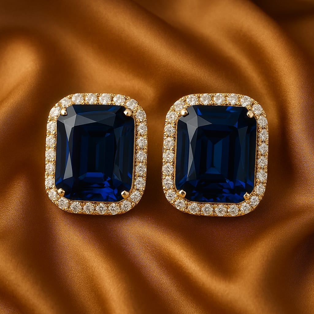 Royal Midnight Sapphire Stud Earrings for Women – Premium Gold-Plated Square Blue Stone Earrings with Diamond Halo | Velvet Petals