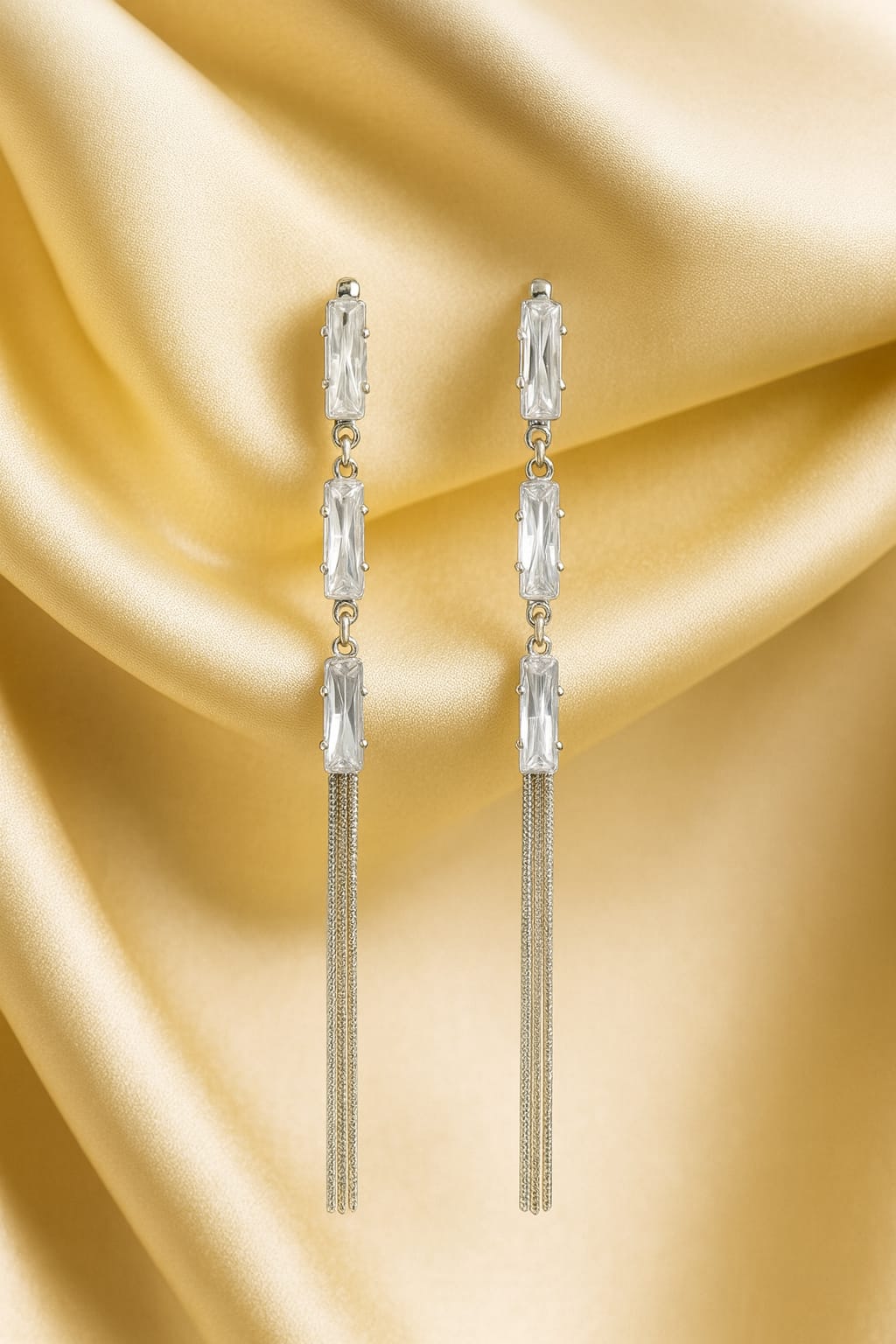 Silver Crystal Bar Long Dangler Earrings for Women | Elegant Party Wear Statement Jewelry | Velvet Petals
