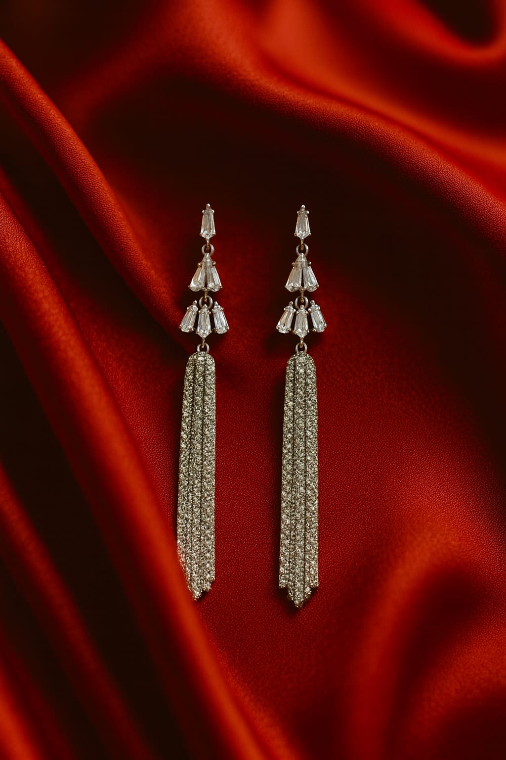 Silver Crystal Waterfall Long Dangler Earrings for Women | Premium Statement Party Wear | Velvet Petals