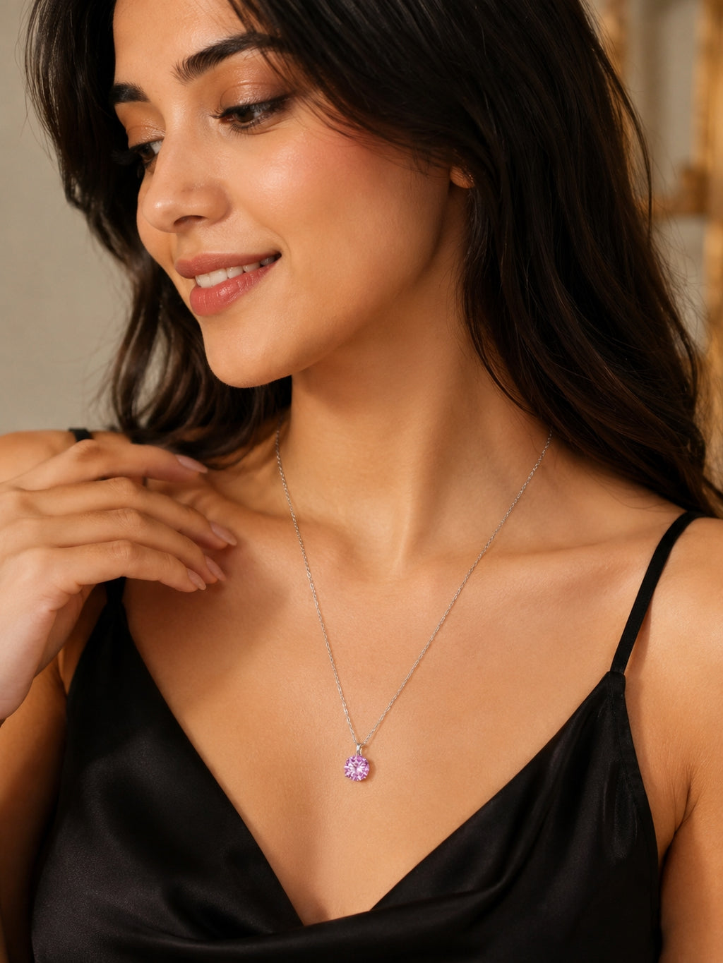 Silver-Toned Pink CZ Solitaire Pendant Necklace