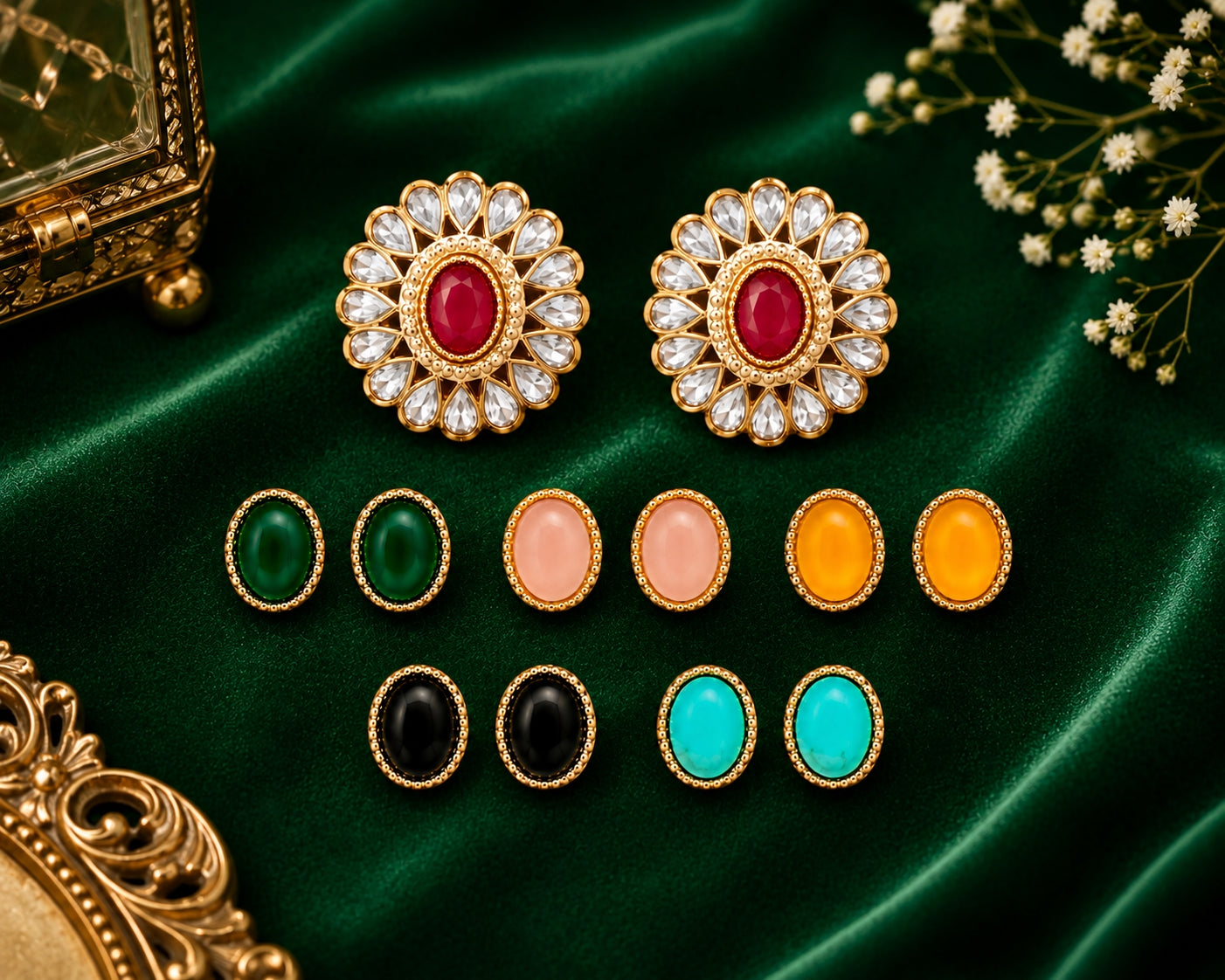 Kundan floral stud earrings on green velvet - Velvet Petals