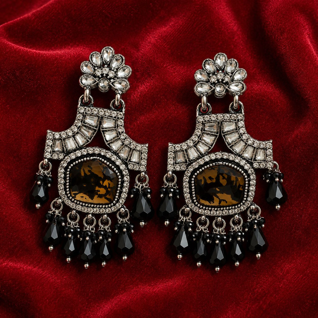 Black antique chandelier earrings worn by model - Velvet Petals