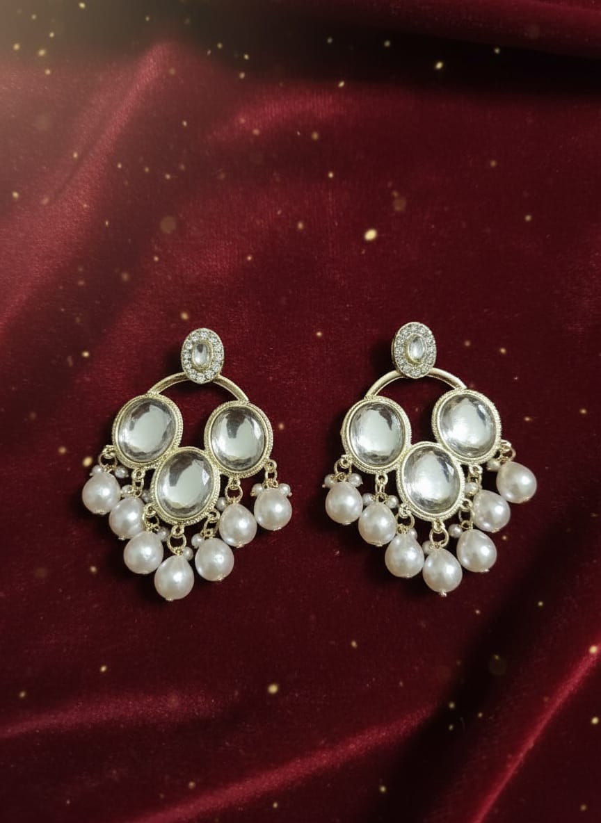 Premium Kundan Mirror & Pearl Drop Chandbali Earrings