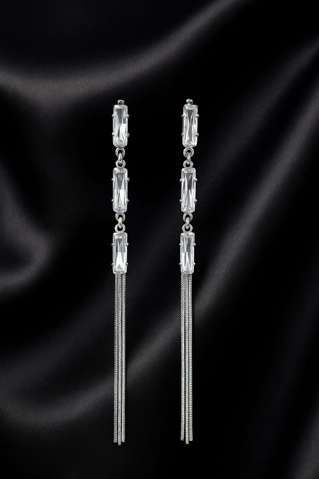 Silver Crystal Bar Long Dangler Earrings for Women | Elegant Party Wear Statement Jewelry | Velvet Petals