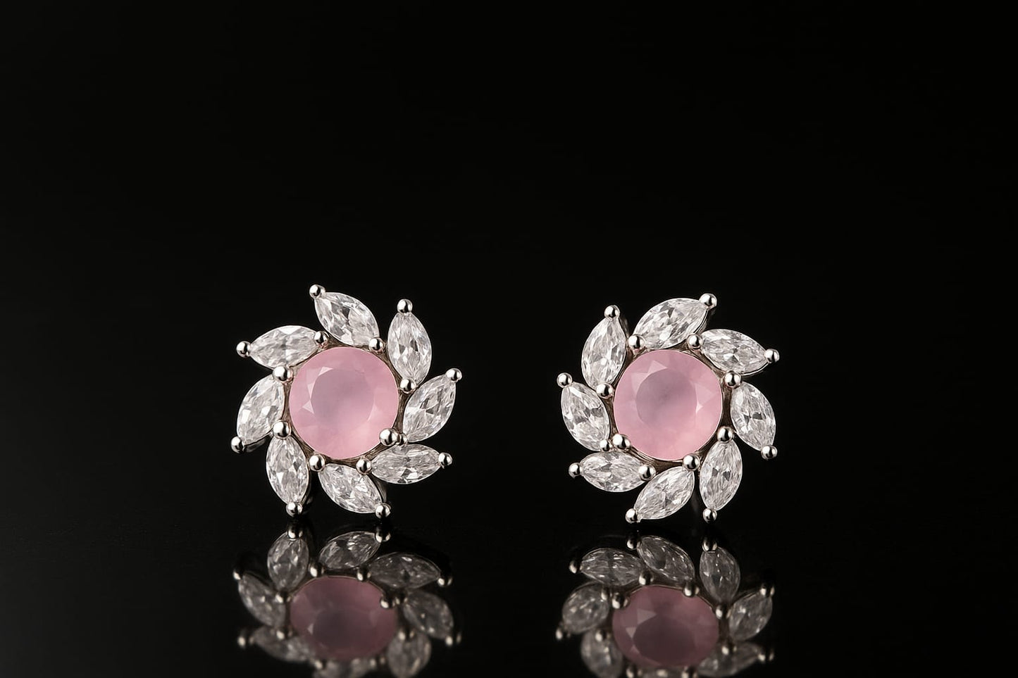 Blush Pink Stone Flower Stud Earrings for Women | Premium CZ Diamond Petal Design | Velvet Petals
